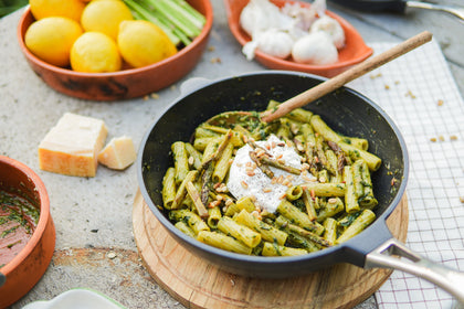 Creamy Pesto Pasta with Burrata & Lemon-Fried Asparagus