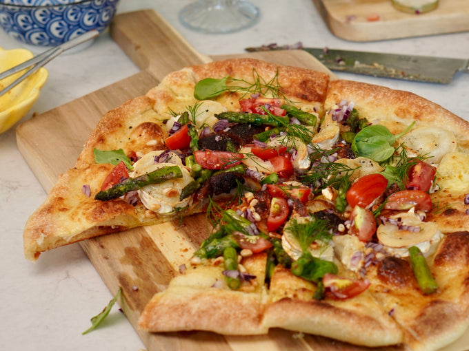 Crispy Summer Pizza with Goat Cheese, Asparagus & Honey